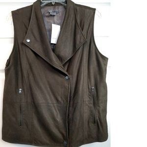 VINCE PAPER LEATHER VEST JACKET DARK GREY/MILITARY GREEN ASSYMETRIC SZ L NWT!